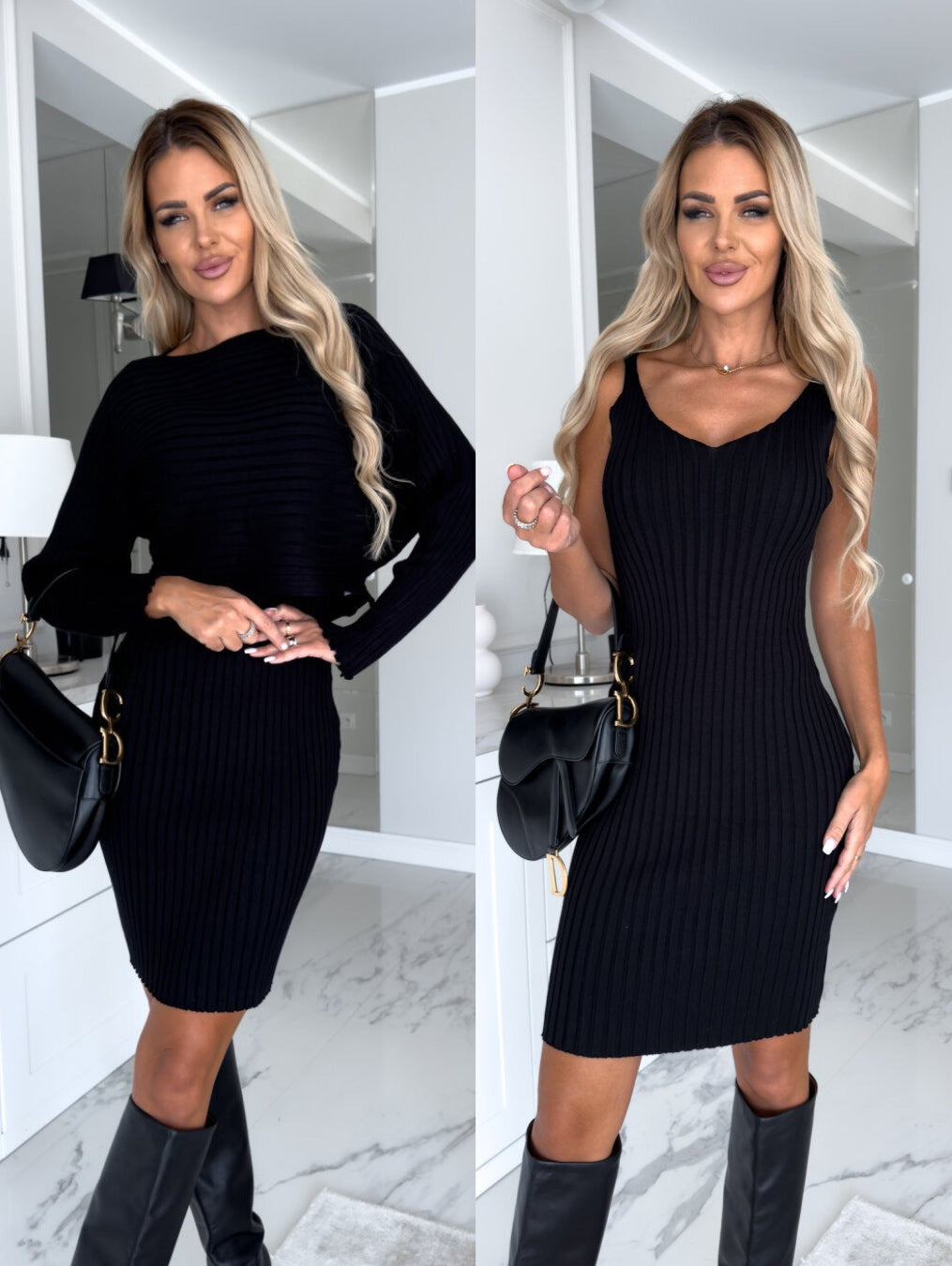 Ensemble 2 pièces – Top rayé manches longues & jupe bretelles mi-longue | Mode Automne-Hiver