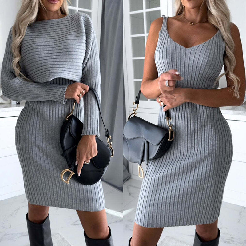 Ensemble 2 pièces – Top rayé manches longues & jupe bretelles mi-longue | Mode Automne-Hiver