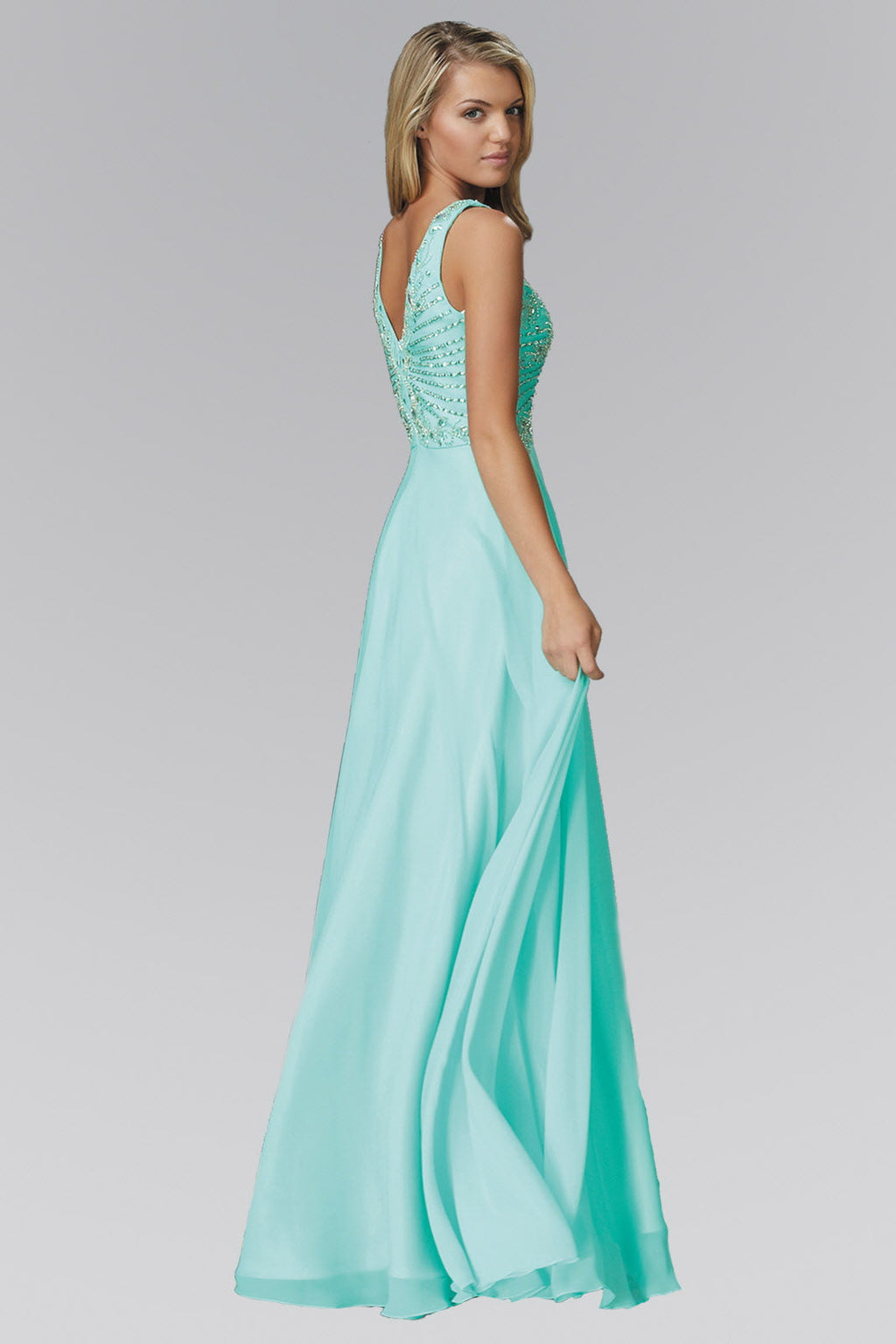 Robe longue en mousseline col et dos en V avec corsage bijoux et sequins