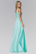 Robe longue en mousseline col et dos en V avec corsage bijoux et sequins