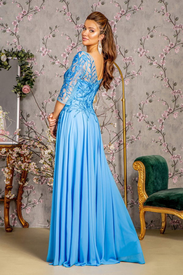 Robe longue ligne A en mousseline avec broderie de perles et encolure transparente dos en V